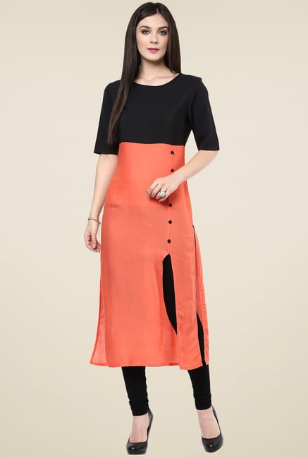 Pannkh Coral & Black Regular Fit Elbow Sleeves Kurti Pannkh Coral & Black Regular Fit Elbow Sleeves Kurti