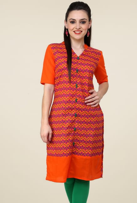 Pannkh Orange Printed Mandarin Collar Kurti Pannkh Orange Printed Mandarin Collar Kurti