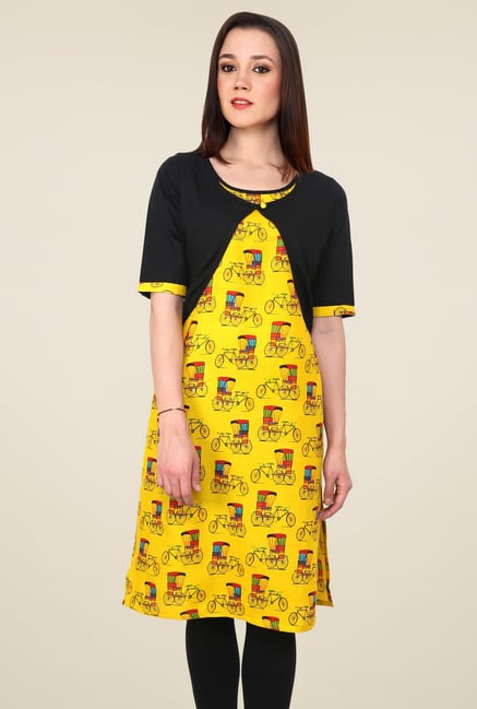 Pannkh Yellow Printed Jacket Kurti Pannkh Yellow Printed Jacket Kurti