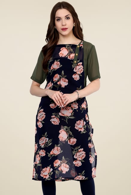 Pannkh Navy & Olive Floral Printed Regular Fit Kurti Pannkh Navy & Olive Floral Printed Regular Fit Kurti