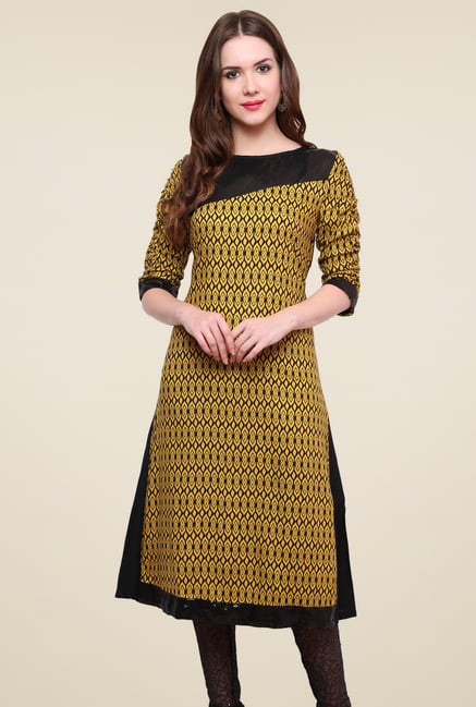 Pannkh Black & Yellow Regular Fit Boat Neck Kurti Pannkh Black & Yellow Regular Fit Boat Neck Kurti