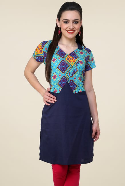 Pannkh Navy Regular Fit Printed Kurti Pannkh Navy Regular Fit Printed Kurti