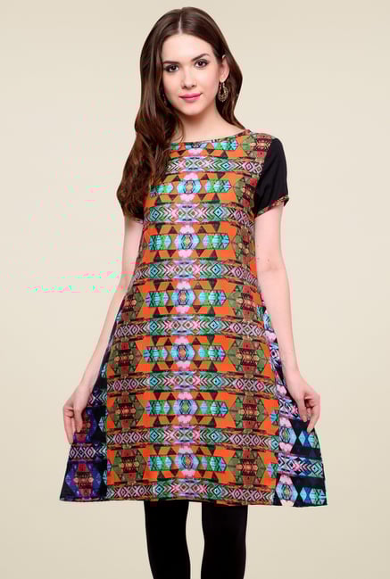 Pannkh Black & Orange Boat Neck Kurti Pannkh Black & Orange Boat Neck Kurti