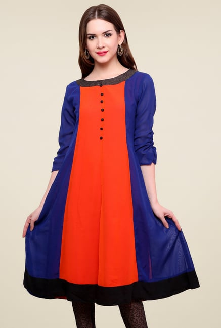 Pannkh Royal Blue & Orange Round Neck Kurti Pannkh Royal Blue & Orange Round Neck Kurti