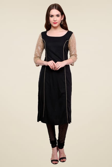 Pannkh Black Boat Neck Regular Fit Kurti Pannkh Black Boat Neck Regular Fit Kurti