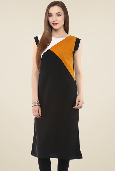 Pannkh Black & Mustard Cap Sleeves Kurti Pannkh Black & Mustard Cap Sleeves Kurti
