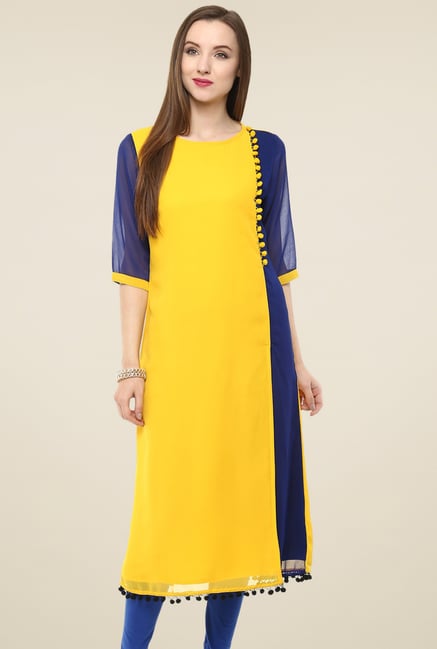 Pannkh Yellow & Blue Regular Fit Kurti Pannkh Yellow & Blue Regular Fit Kurti