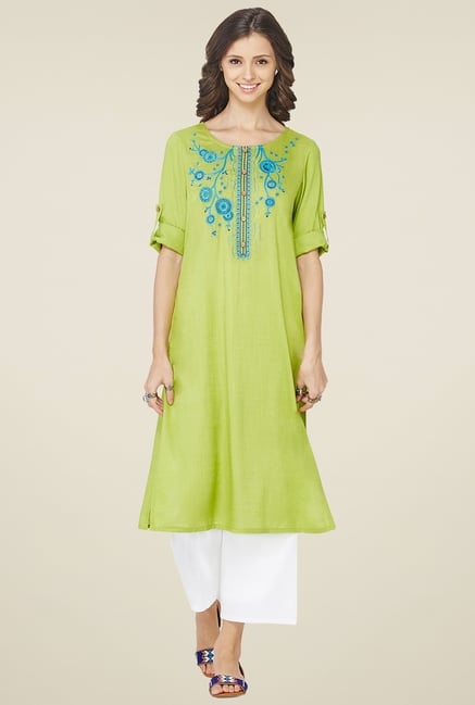 Global Desi Lime Green Embroidered Kurta Global Desi Lime Green Embroidered Kurta