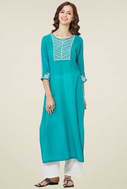 Global Desi Teal Embroidered Kurta Global Desi Teal Embroidered Kurta
