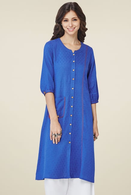 Global Desi Royal Blue Band Neck Kurta Global Desi Royal Blue Band Neck Kurta
