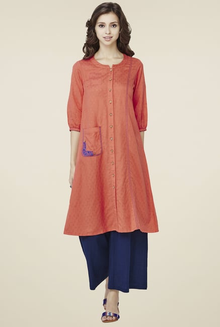 Global Desi Orange Band Neck Kurta Global Desi Orange Band Neck Kurta