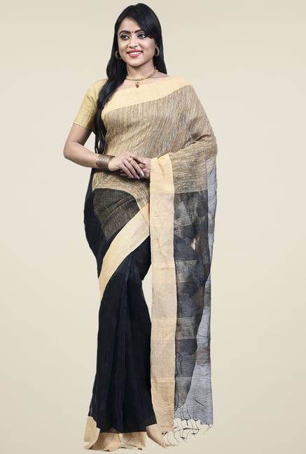 Bengal Handloom Black & Beige Linen Saree Bengal Handloom Black & Beige Linen Saree