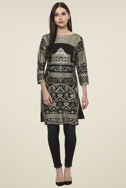 Ahalyaa Black & Gold Printed Regular Fit Kurti Ahalyaa Black & Gold Printed Regular Fit Kurti