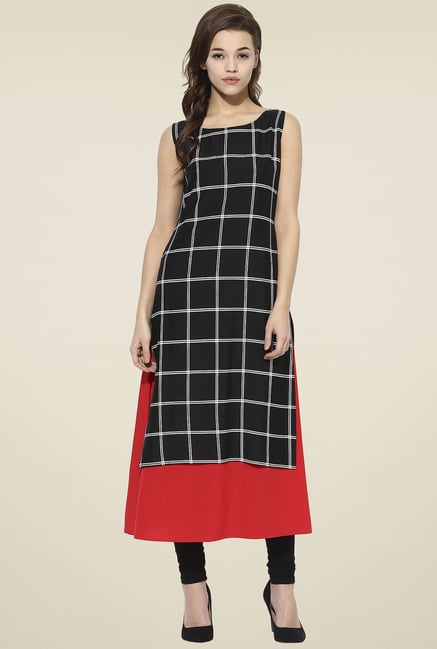 Ahalyaa Black & Red Sleeveless Checks Kurti Ahalyaa Black & Red Sleeveless Checks Kurti
