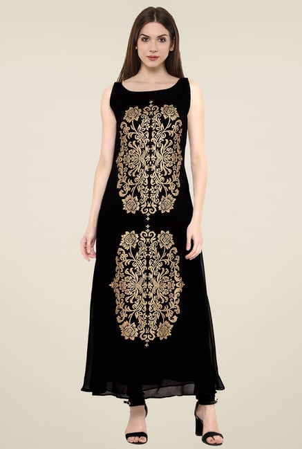 Ahalyaa Black & Gold Printed Sleeveless Kurti Ahalyaa Black & Gold Printed Sleeveless Kurti