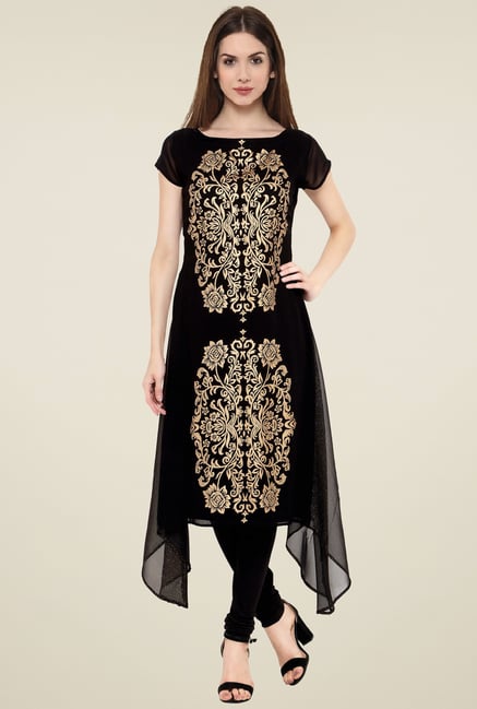 Ahalyaa Black & Gold Printed Cap Sleeves Kurti Ahalyaa Black & Gold Printed Cap Sleeves Kurti