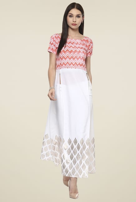 Ahalyaa Peach & White Printed Kurti Ahalyaa Peach & White Printed Kurti