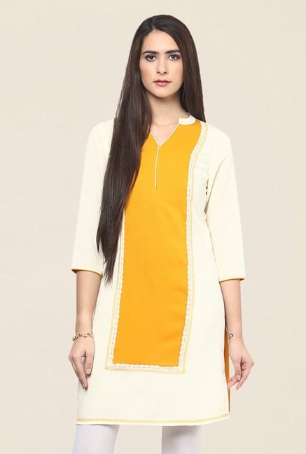 Fusion Beats Cream & Yellow Embroidered Kurti Fusion Beats Cream & Yellow Embroidered Kurti