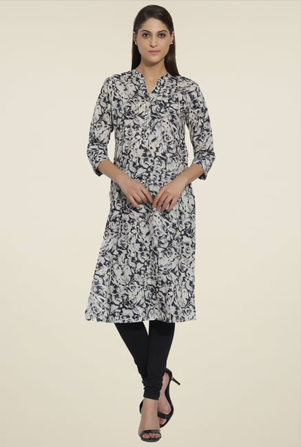 Globus Off-White & Black Floral Kurta Globus Off-White & Black Floral Kurta