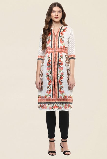 Fusion Beats White & Orange Floral Print Kurti Fusion Beats White & Orange Floral Print Kurti