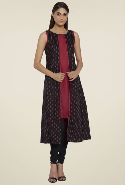 Globus Black & Red Sleeveless Cotton Kurta Globus Black & Red Sleeveless Cotton Kurta