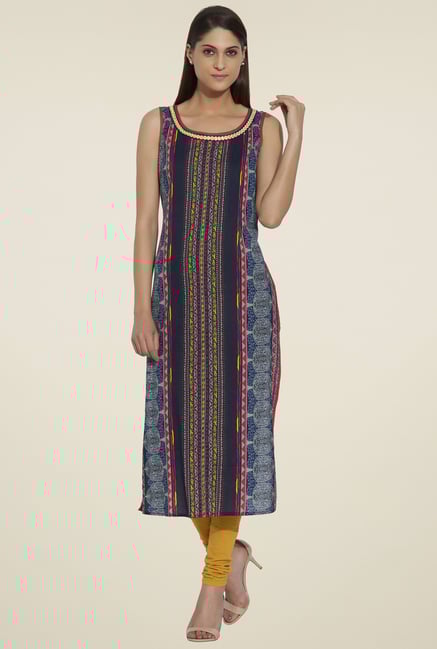 Globus Blue Sleeveless Cotton Kurta Globus Blue Sleeveless Cotton Kurta