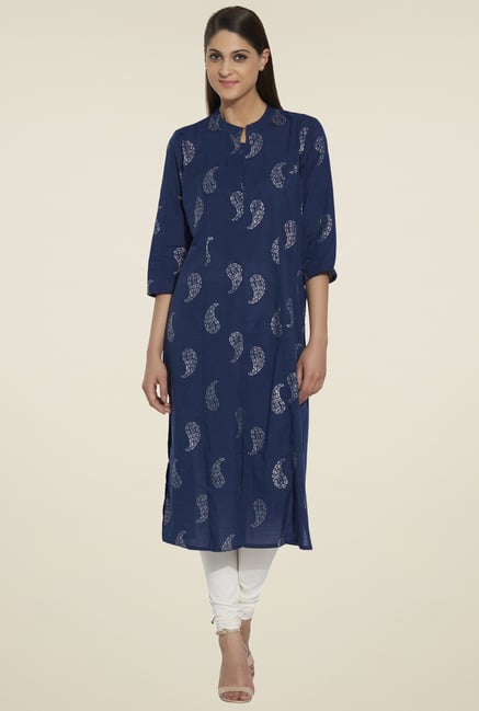 Globus Navy Printed Mandarin Collar Kurta Globus Navy Printed Mandarin Collar Kurta