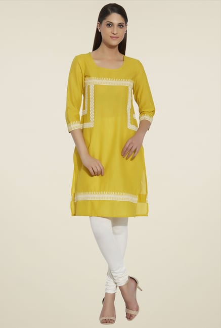 Globus Yellow 3/4th Sleeves Cotton Kurta Globus Yellow 3/4th Sleeves Cotton Kurta