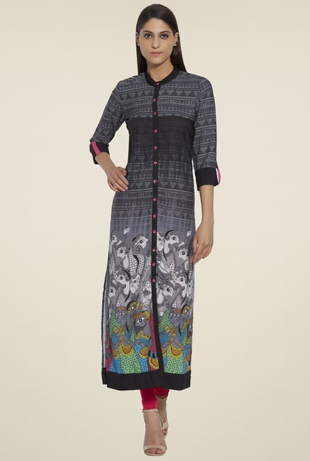 Globus Dark Grey 3/4th Sleeves Kurta Globus Dark Grey 3/4th Sleeves Kurta
