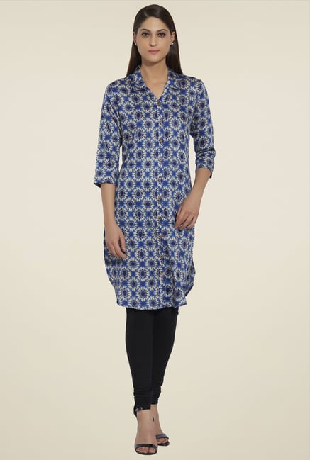 Globus Blue & Beige Printed Cotton Kurta Globus Blue & Beige Printed Cotton Kurta