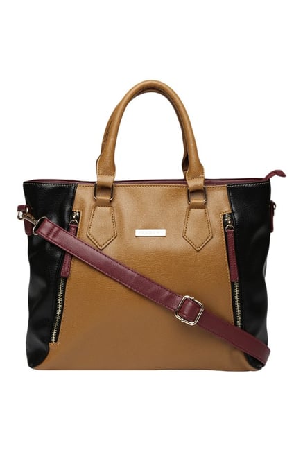 Addons Dark Beige and Black Solid Handbag Addons Dark Beige and Black Solid Handbag