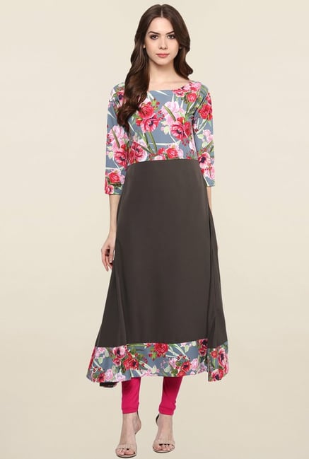 Ziyaa Brown Floral Print Crepe Anarkali Kurta Ziyaa Brown Floral Print Crepe Anarkali Kurta