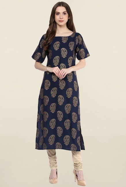 Ziyaa Navy Paisley Print Crepe Kurta Ziyaa Navy Paisley Print Crepe Kurta