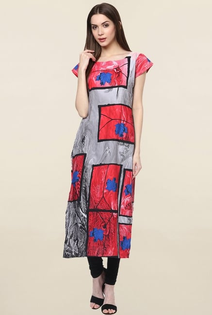 Ziyaa Grey & Coral Printed Crepe Kurta Ziyaa Grey & Coral Printed Crepe Kurta