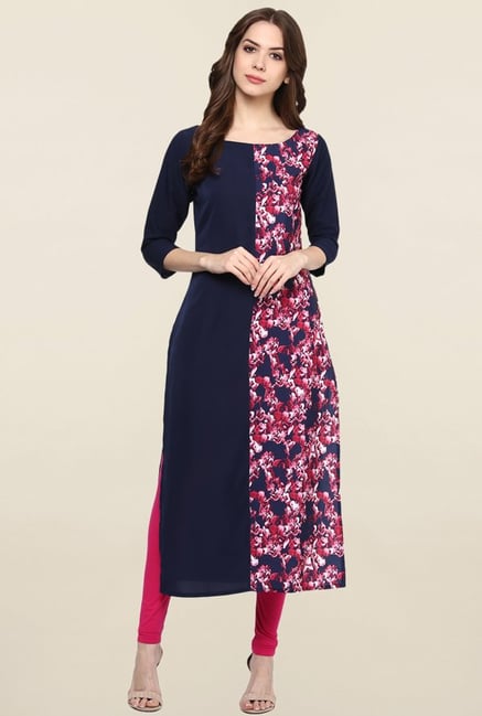Ziyaa Navy Floral Print Crepe Kurta Ziyaa Navy Floral Print Crepe Kurta