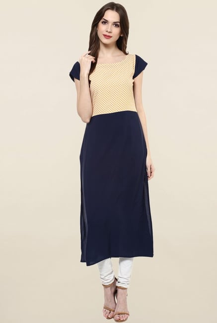 Ziyaa Navy & Yellow Printed Crepe Kurta Ziyaa Navy & Yellow Printed Crepe Kurta