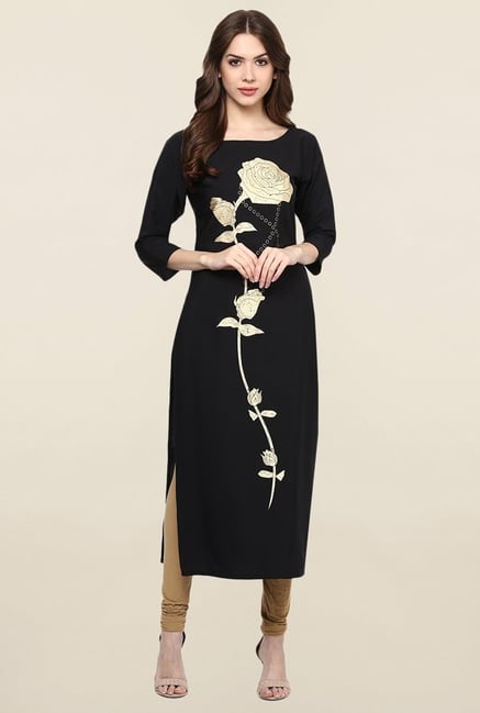 Ziyaa Black Floral Print Crepe Kurta Ziyaa Black Floral Print Crepe Kurta