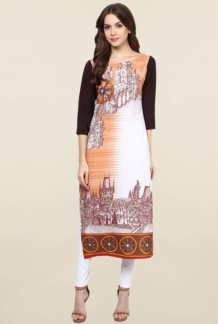 Ziyaa White & Orange Printed Crepe Kurta Ziyaa White & Orange Printed Crepe Kurta