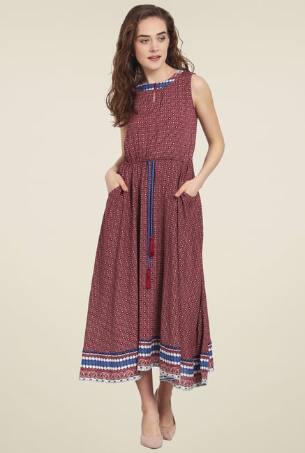 Soie Burgundy Printed Midi Dress Soie Burgundy Printed Midi Dress