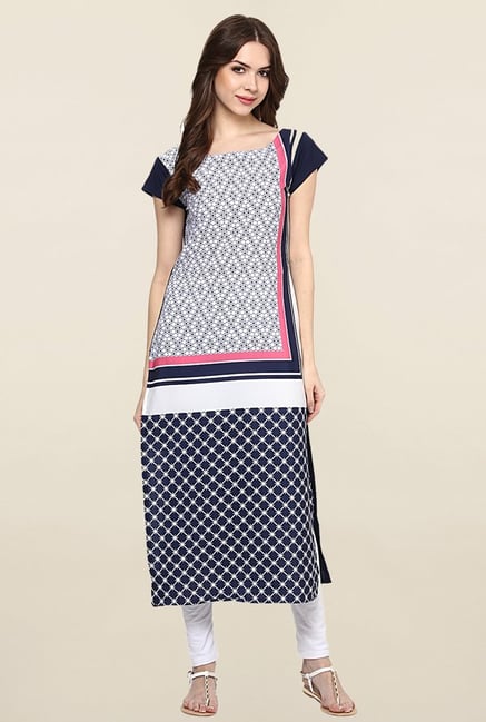 Ziyaa White & Navy Printed Crepe Kurta Ziyaa White & Navy Printed Crepe Kurta