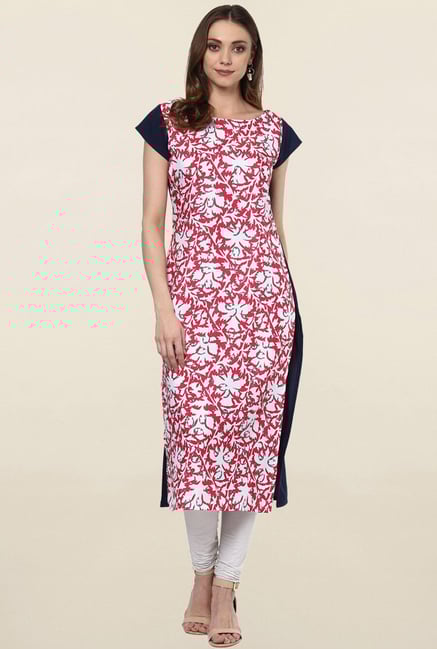 Ziyaa White & Coral Printed Crepe Kurta Ziyaa White & Coral Printed Crepe Kurta