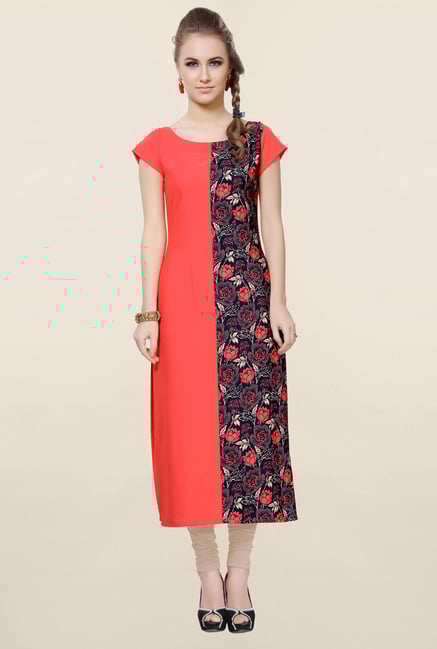 Ziyaa Coral & Navy Floral Print Crepe Kurta Ziyaa Coral & Navy Floral Print Crepe Kurta