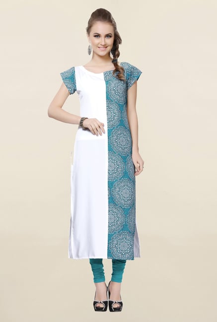 Ziyaa White & Teal Printed Crepe Kurta Ziyaa White & Teal Printed Crepe Kurta