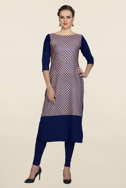 Ziyaa Beige & Navy Printed Crepe Kurta Ziyaa Beige & Navy Printed Crepe Kurta