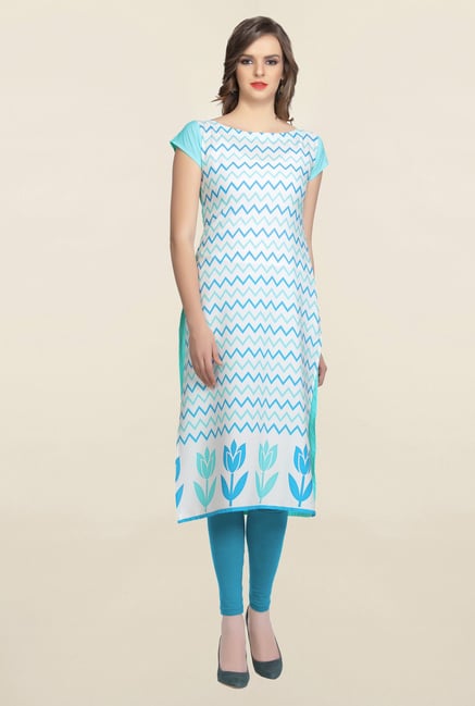 Ziyaa White & Blue Printed Crepe Kurta Ziyaa White & Blue Printed Crepe Kurta