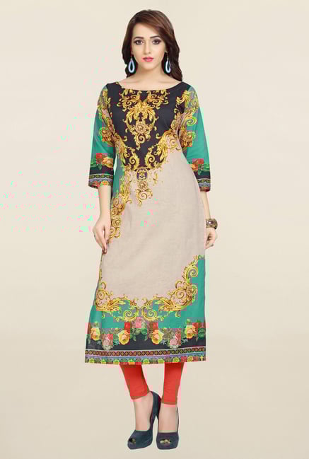 Ziyaa Beige & Green Printed Cotton Kurta Ziyaa Beige & Green Printed Cotton Kurta