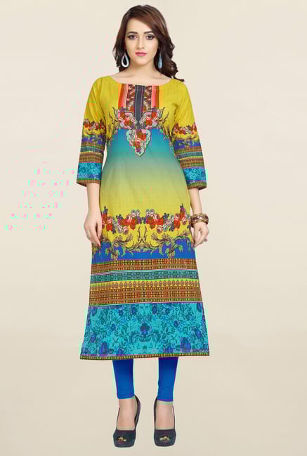 Ziyaa Yellow & Blue Printed Cotton Kurta Ziyaa Yellow & Blue Printed Cotton Kurta