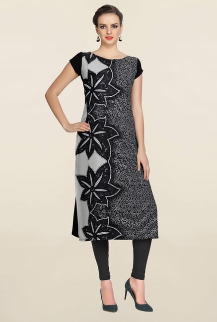 Ziyaa Black Floral Print Crepe Kurta Ziyaa Black Floral Print Crepe Kurta
