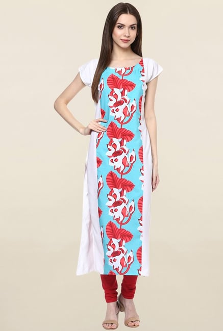 Ziyaa White & Blue Floral Print Crepe Kurta Ziyaa White & Blue Floral Print Crepe Kurta