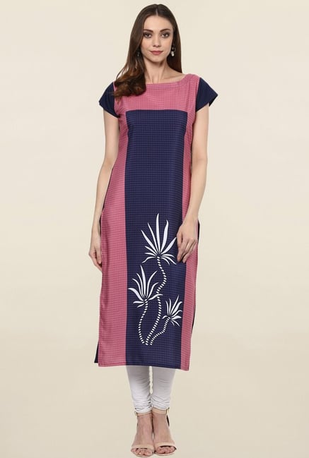 Ziyaa Navy & Pink Printed Crepe Kurta Ziyaa Navy & Pink Printed Crepe Kurta